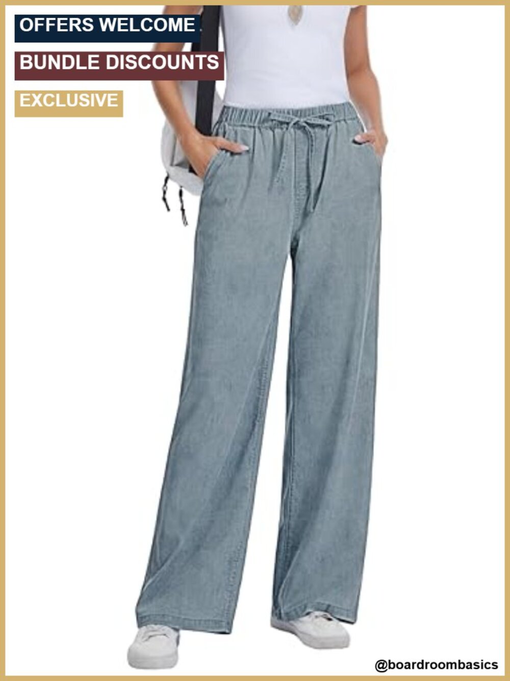 Women Wide Leg Baggy Drawstring Denim Jeans High Rise Pull On Trousers